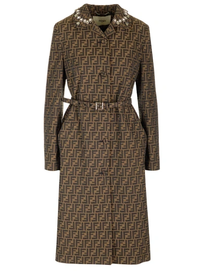 Fendi Crystals Embellished Canvas Coat In Brown