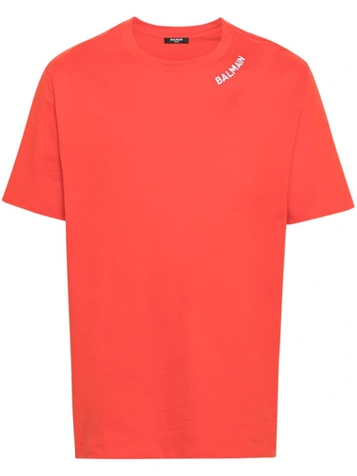 Balmain Stitch Collar T-shirt Straight Fit In Mef Rouge Blanc