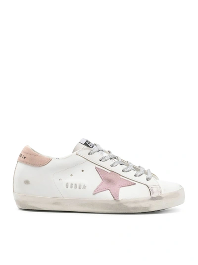 Golden Goose Super-star Leather Upper Suede Star And Heel Metal Lettering In Optic White Antique Pink Nougat