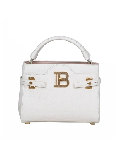 Balmain Bbuzz Handbag In Monogram Leather In White