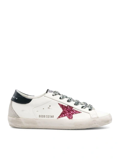 Golden Goose Super Star Leather Upper And Heel Glitter Star Suede Spur Signature Foxing In White Fucsia Blue Ice