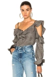 SELF-PORTRAIT SELF-PORTRAIT WOOL CHECK OFF SHOULDER FRILL TOP IN CHECKERED & PLAID,NEUTRALS,SP15 088C