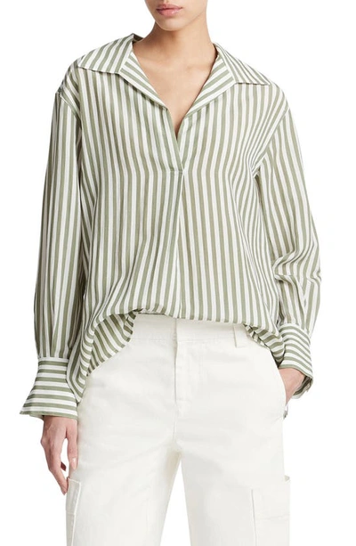 Vince Coast Stripe Shaped-collar Pullover Shirt In Sea Fern/optic White
