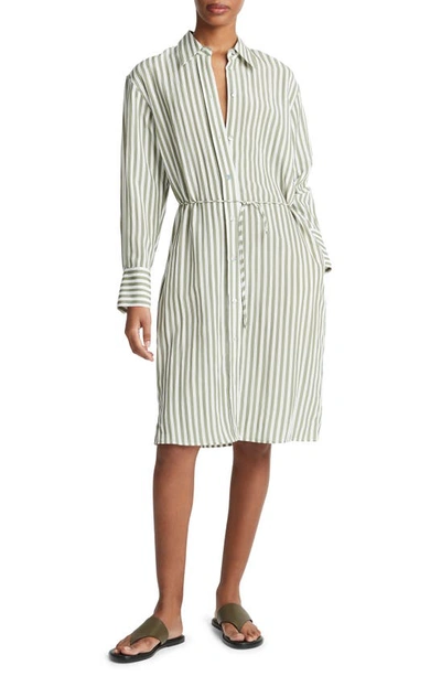 Vince Coast Stripe Tie Waist Shirtdress In Sea Fern Optic White