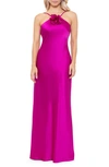 XSCAPE ROSE APPLIQUÉ SATIN GOWN