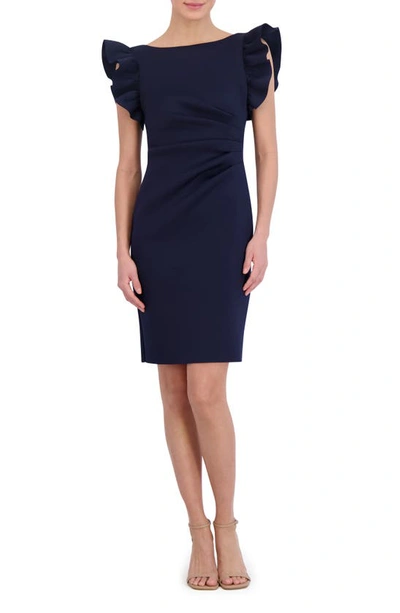 Eliza J Ruffle Sleeve Satin Cocktail Sheath Dress In Navy