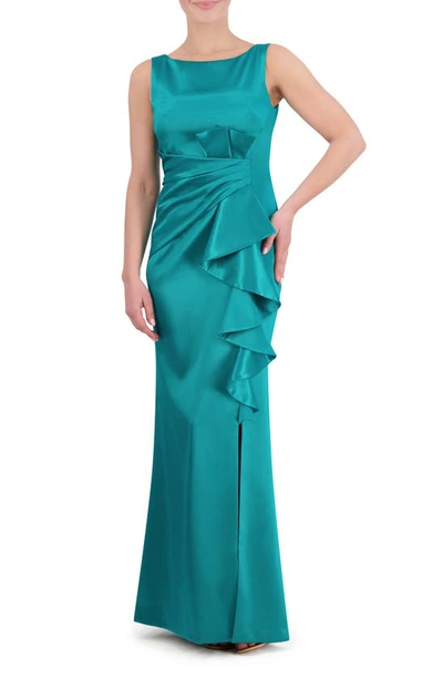 Eliza J Ruffle Satin Mermaid Gown In Jade