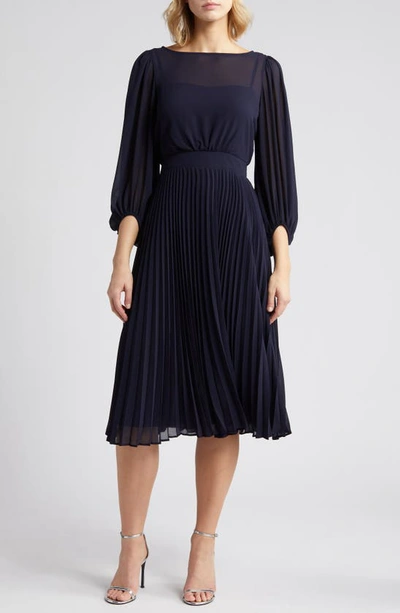 Eliza J Balloon Sleeve Pleated Midi Dress In Navy