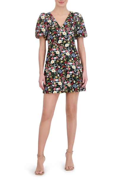 Eliza J Floral Puff Sleeve Minidress In Black Multi