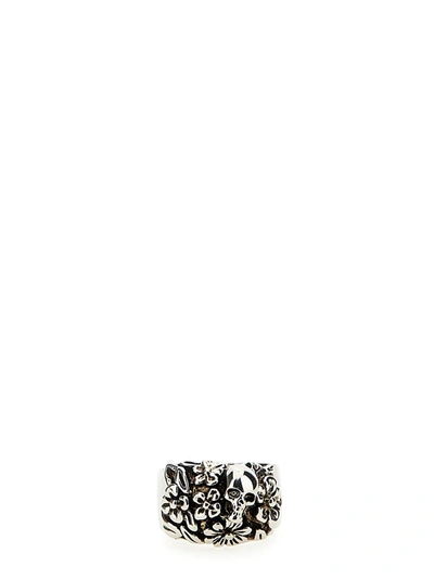 Alexander Mcqueen Floral Skull Ring In Silver