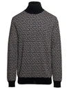 BALMAIN BLACK AND WHITE SWEATER WITH 'ALL-OVER' MONOGRAM IN WOOL AND LINEN MAN