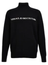VERSACE JEANS COUTURE BLACK TURTLENECK WITH CONTRASTING LOGO LETTERING IN COTTON AND CASHMERE MAN