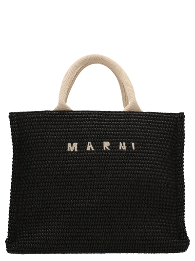 Marni Black Raffia Small Tote Bag In Black Natural