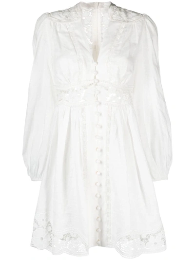 Zimmermann Mini White Dress With Embroideries And Puff Sleeves In Linen Woman