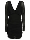 Saint Laurent Cupro Mini Dress With V Neckline And Sheer Sleeves In Black