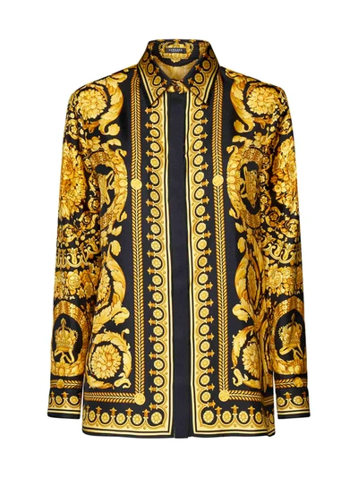 VERSACE BLACK AND YELLOW SHIRT WITH BAROCCO PRINT IN SILK WOMAN