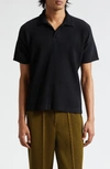 Issey Miyake Pleated Black Polo Shirt With Boxy Silhouette In Black