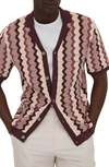 Reiss Summer Pointelle Zigzag Stripe Knit Button-up Shirt In Rose Multi