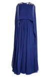 ALEXANDER MCQUEEN STRAPLESS SILK CHIFFON GOWN WITH EMBELLISHED CAPE OVERLAY