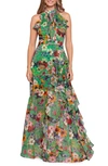 BETSY & ADAM FLORAL PRINT RUFFLE CHIFFON GOWN