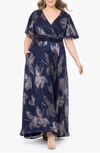 BETSY & ADAM FLORAL FOIL PRINT FLUTTER SLEEVE GOWN