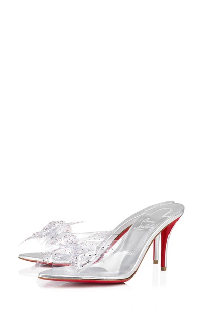 Christian Louboutin Aqua Crystal Clear Floral Red Sole Slide Sandals In Silver