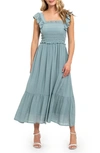 AUGUST SKY RUFFLE CAP SLEEVE FIT & FLARE MAXI DRESS