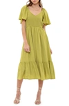 AUGUST SKY AUGUST SKY FLUTTER SLEEVE A-LINE MIDI DRESS