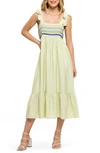 AUGUST SKY EMBROIDERED TIE STRAP EMPIRE WAIST MIDI DRESS