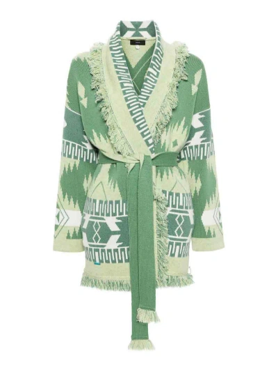 Alanui Icon Jacquard Belted Cardigan In Verde