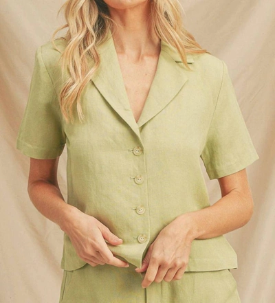 Paper Crane Collared Button Top In Avocado In Green