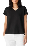 Eileen Fisher Slubby Organic Cotton Jersey V-neck Short Sleeve Shirt In Black