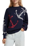 Scotch & Soda Anchor Jacquard Sweater In Navy Blue