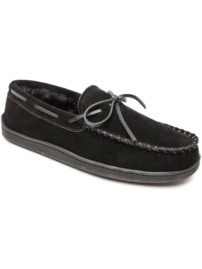 Minnetonka Pile Lined Hardsole Mens Faux Suede Bow Moccasin Slippers In Black