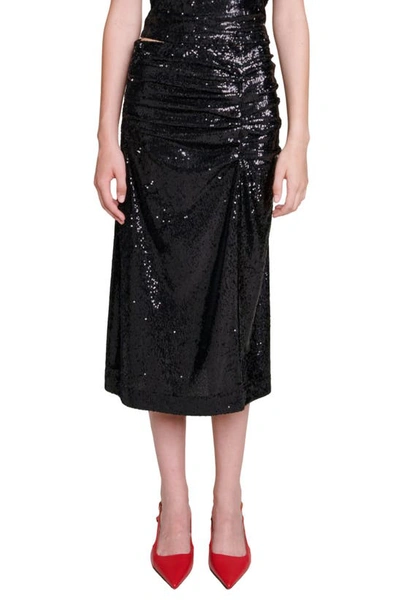 Maje Ruched Sequinned Midi Skirt In Noir