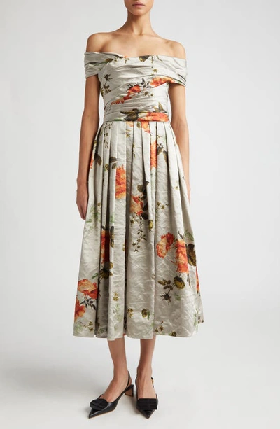 Erdem Off-the-shoulder Floral-print Metallic Crinkled-satin Midi Dress In Neutrals