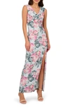 ADRIANNA PAPELL FLORAL JACQUARD METALLIC SLEEVELESS GOWN