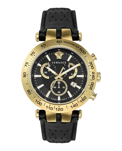 Versace Men's Swiss Chronograph Bold Black Perforated Leather Strap Watch 46mm In Ip Yellow Gold