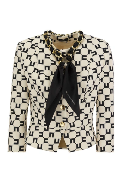 ELISABETTA FRANCHI ELISABETTA FRANCHI LOGO PRINT CREPE JACKET WITH FOULARD CHAIN