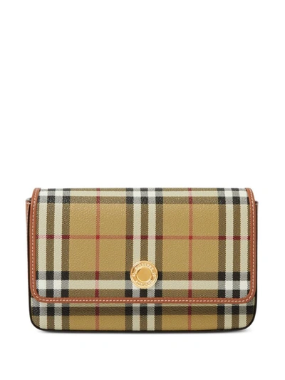 Burberry Womens Archive Beige Hampshire Check-print Woven And Leather Shoulder Bag In Brown