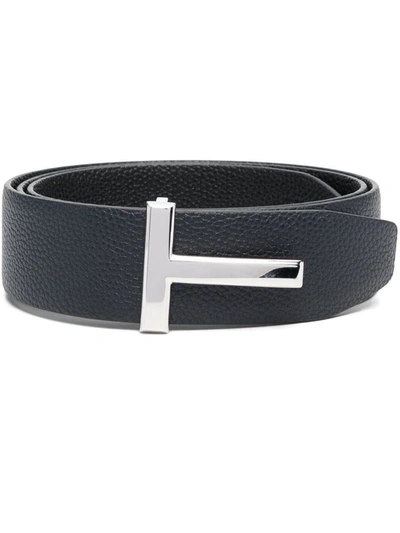Tom Ford Soft Grain Leather Icon T Reversible Belt In Blue