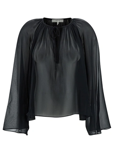 Frame V Neck Shirred Blouse In Black