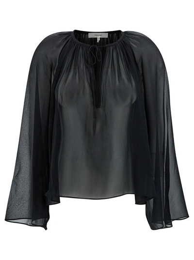 FRAME BLACK BLOUSE WITH V NECKLINE IN SEMI-SHEER SILK WOMAN