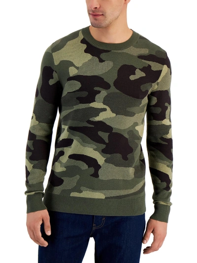 Alfani Mens Camouflage Pullover Crewneck Sweater In Green