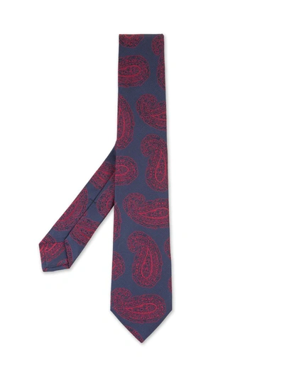 Kiton Dark Blue Tie With Red Cashmere Pattern