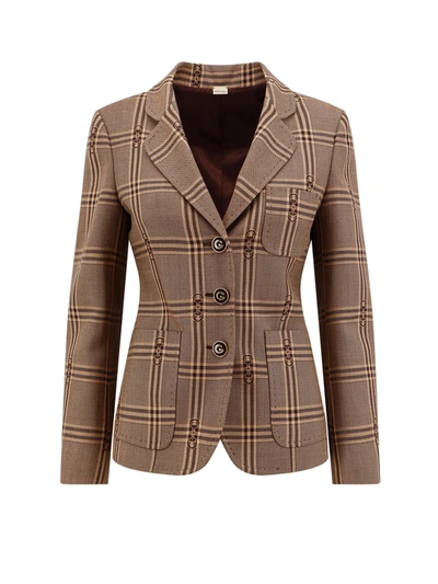 Gucci Madras Wool Blazar With Horsebit In Brown