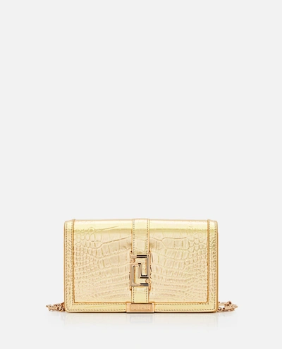 Versace Croco Laminated Leather Wallet In Golden