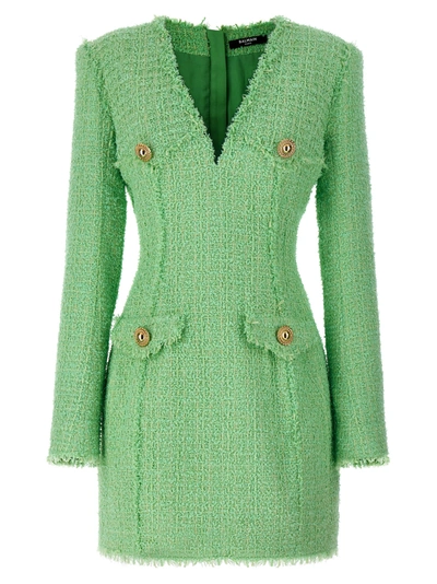 Balmain Logo Button Tweed Dress In Green