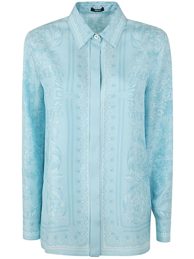 Versace Formal Shirt Silk Twill Fabric Baroque Print 92 In Light Blue