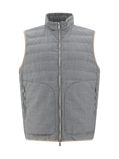 Brunello Cucinelli Down Vest In Perla+semi Di Lino+brown